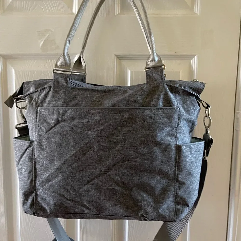 JJ Cole light gray fabric Caprice diaper bag aqua blue lining .
